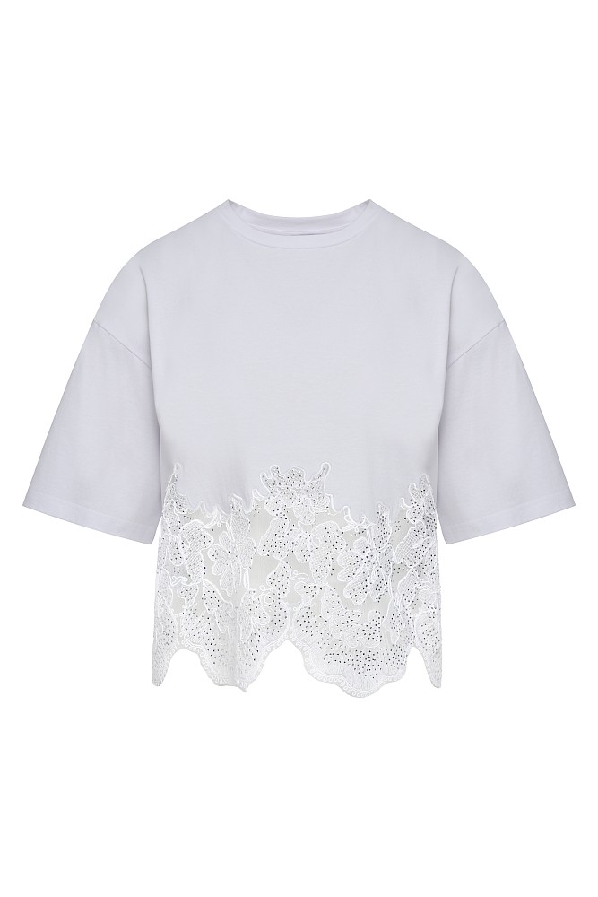 Short-sleeve blouse with lace and rhinestones