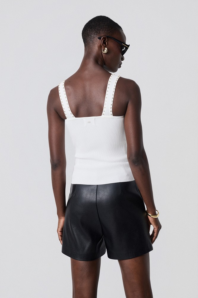 Sleeveless ribbed top with rhinestones