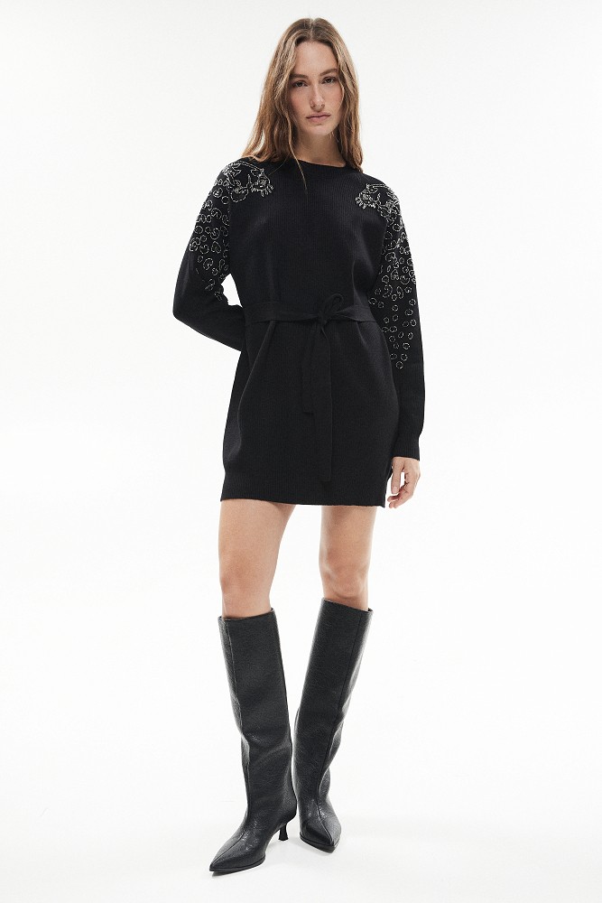 Mini knitted dress with embroidered sleeve details