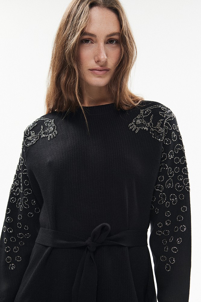 Mini knitted dress with embroidered sleeve details
