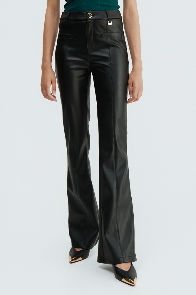 Leather-look flared trousers