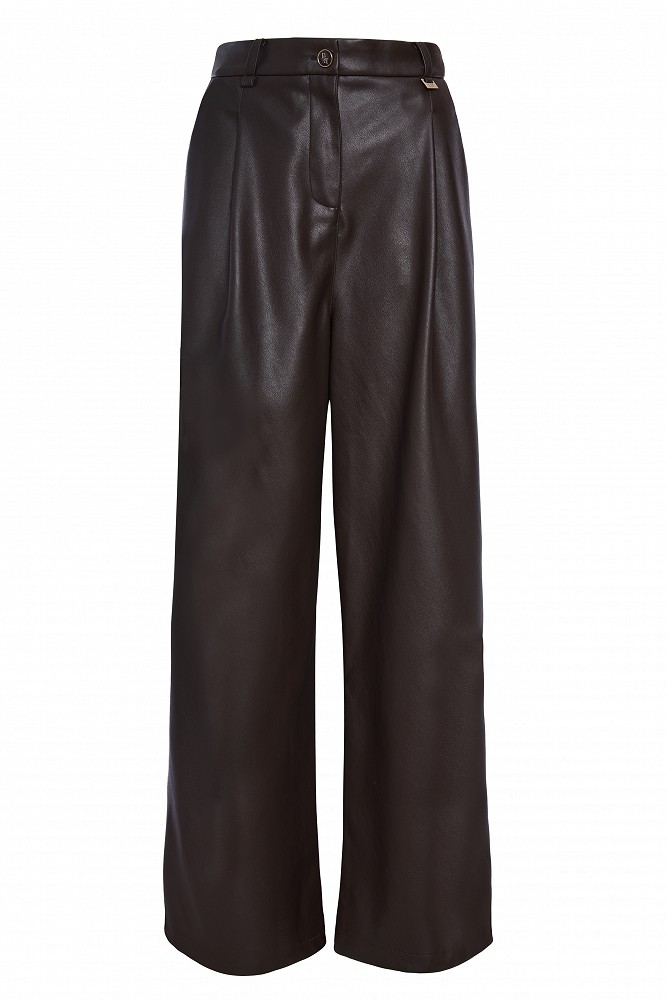 Pantaloni wide leg cu aspect de piele și pliuri