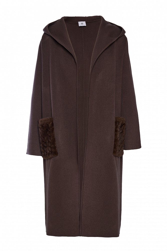 Long cardigan with hood and faux fur pockets