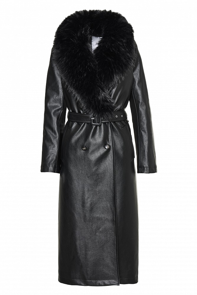 Leather-look long coat with faux fur