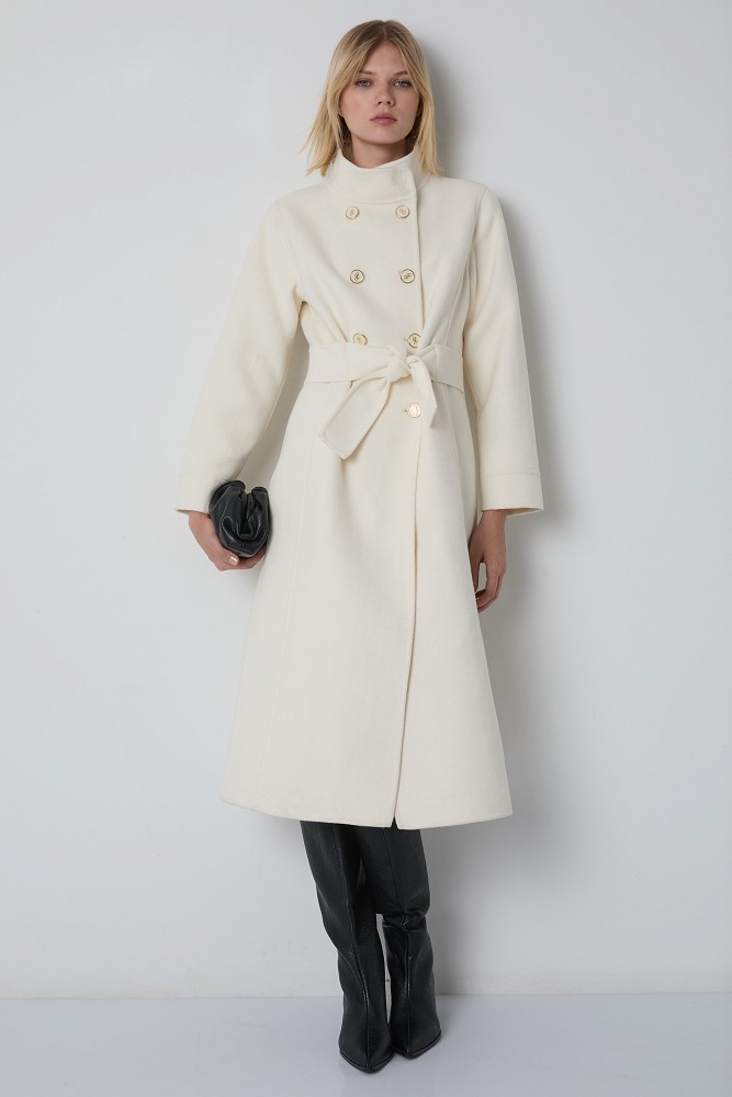 Long coat with a high collar and gold-tone buttons