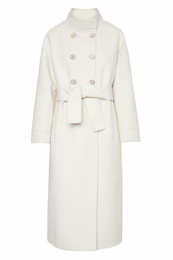 Long coat with a high collar and gold-tone buttons