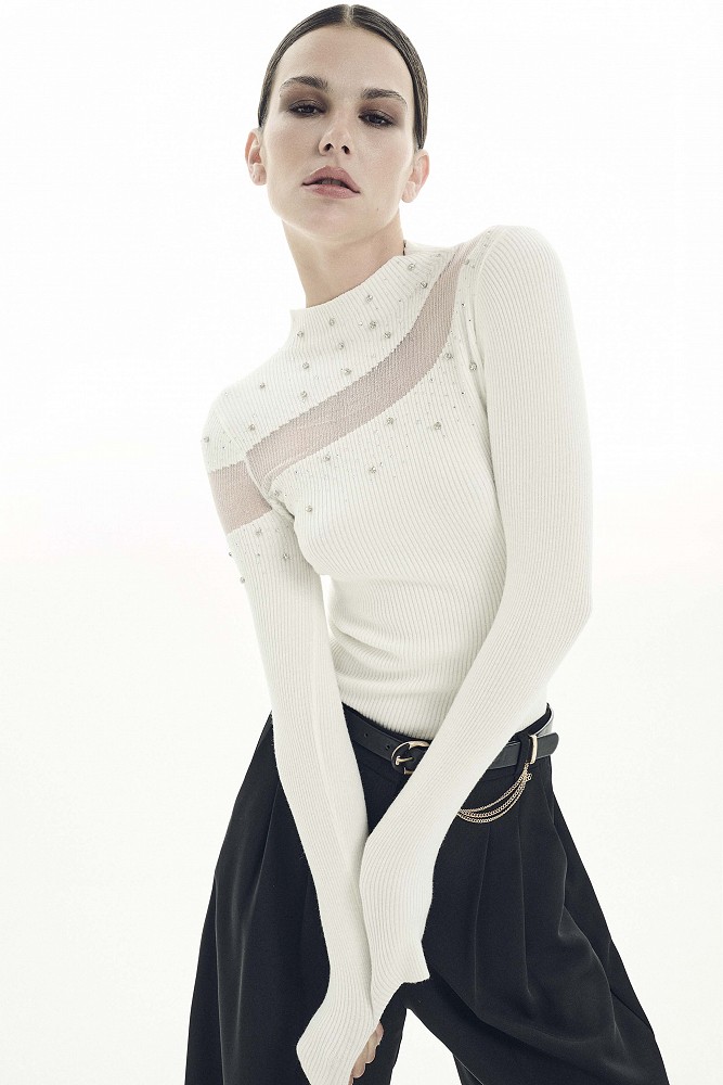 Knitted top with sheer detailing and rhinestone embellishments