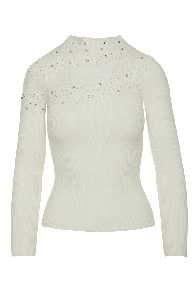 Top din tricot cu detaliu transparent și pietricele