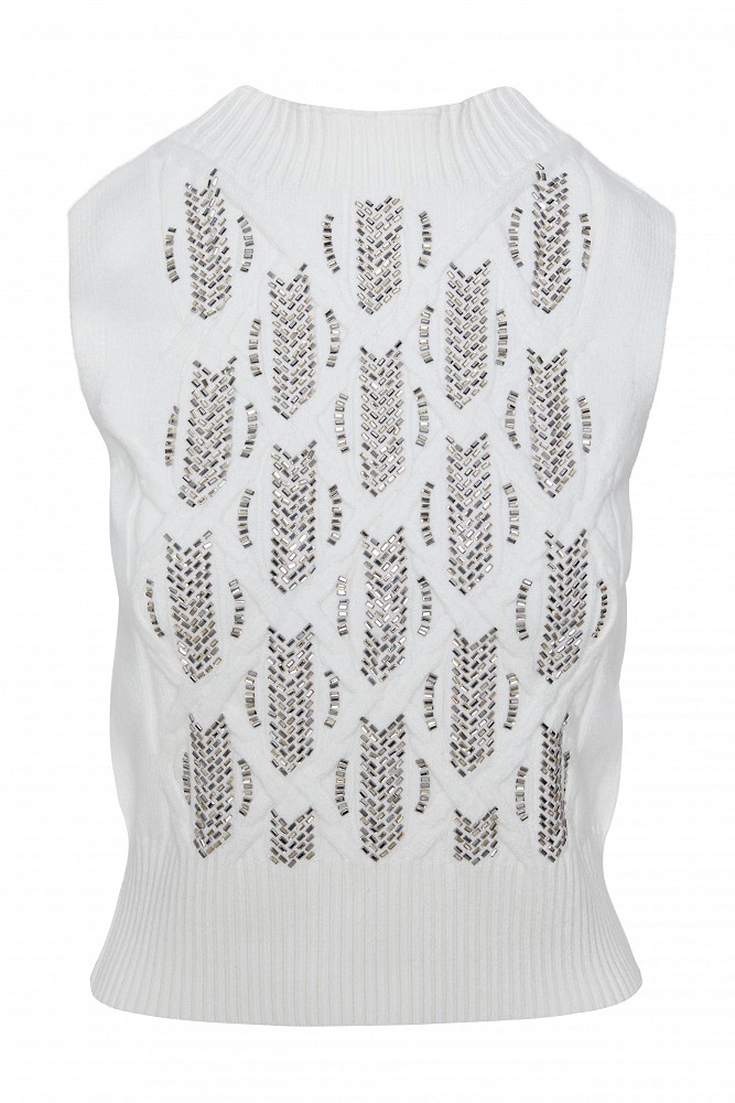 Sleeveless knitted sweater with rhinestones