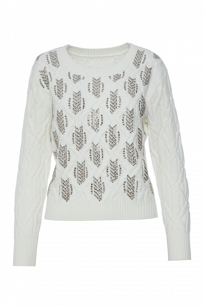 Knitted sweater with textured pattern and rhinestones