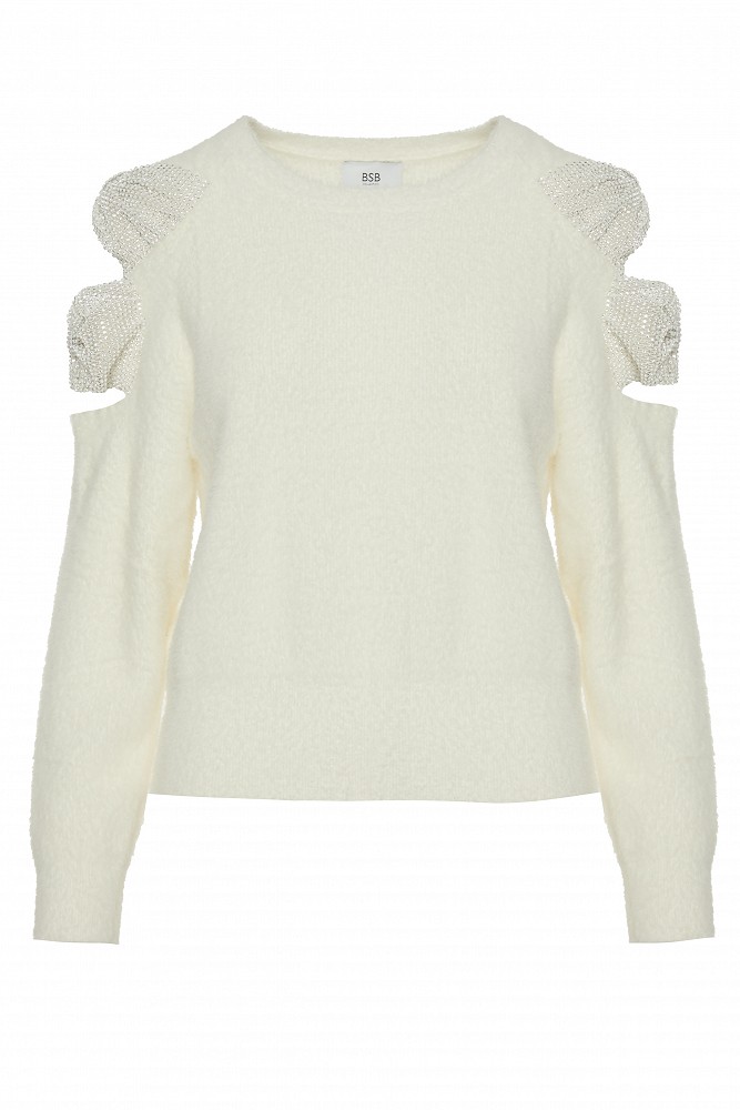 Sweater with bow and rhinestone embellished sleeves