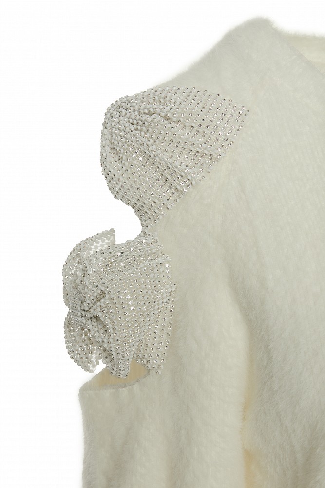 Sweater with bow and rhinestone embellished sleeves
