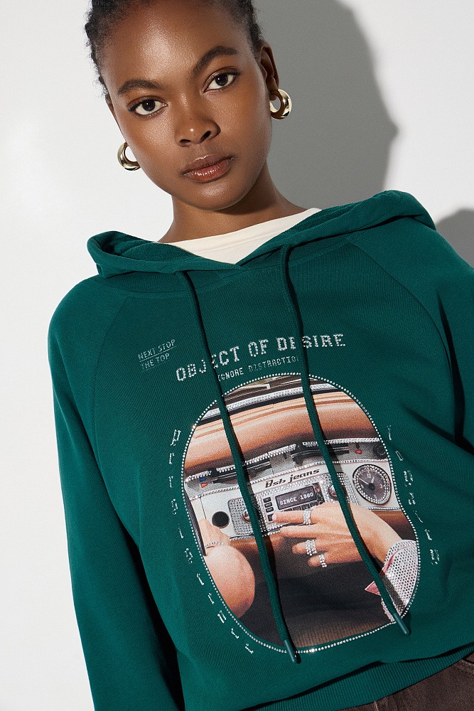 Printed hooded sweatshirt with rhinestone details