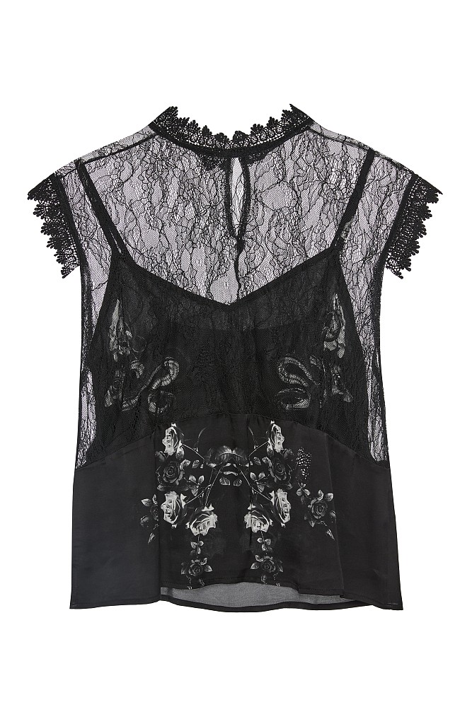 Printed satin top with lace detailing