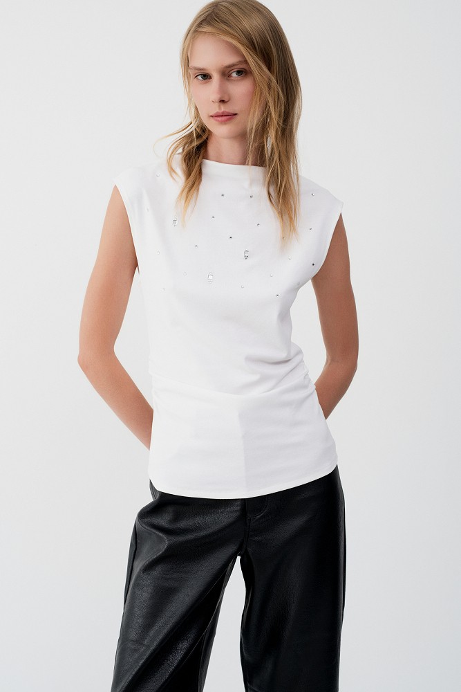 Sleeveless top with rhinestone embellishments