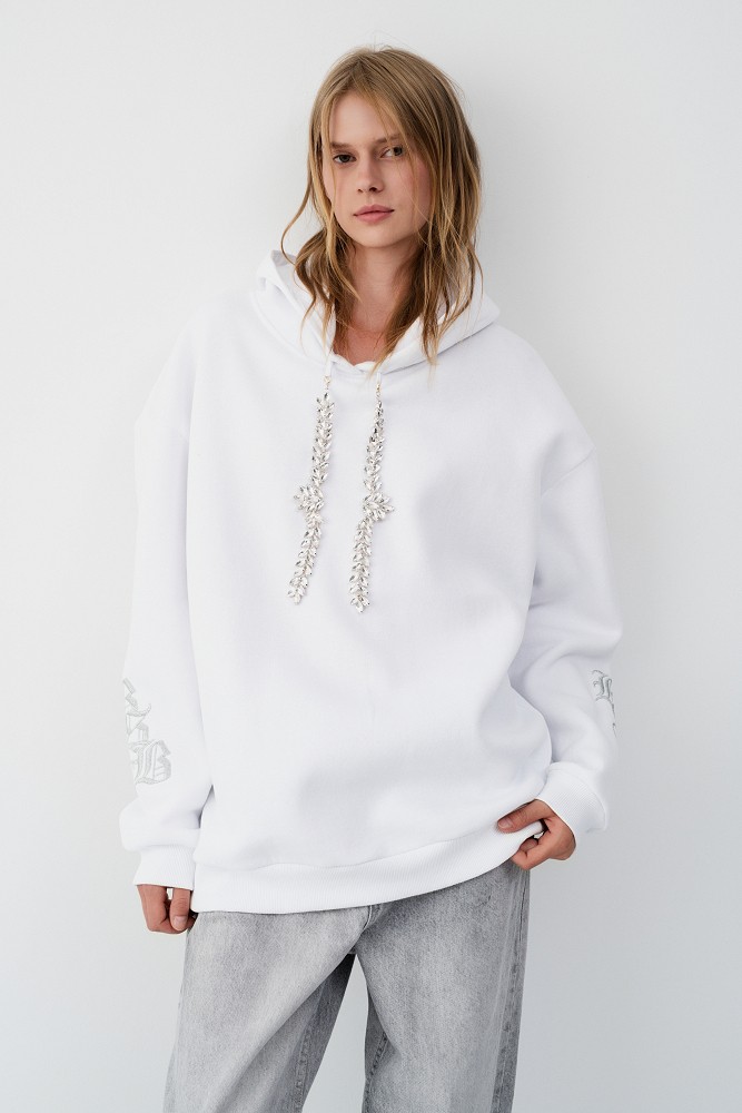 Hooded sweatshirt with rhinestone drawstrings