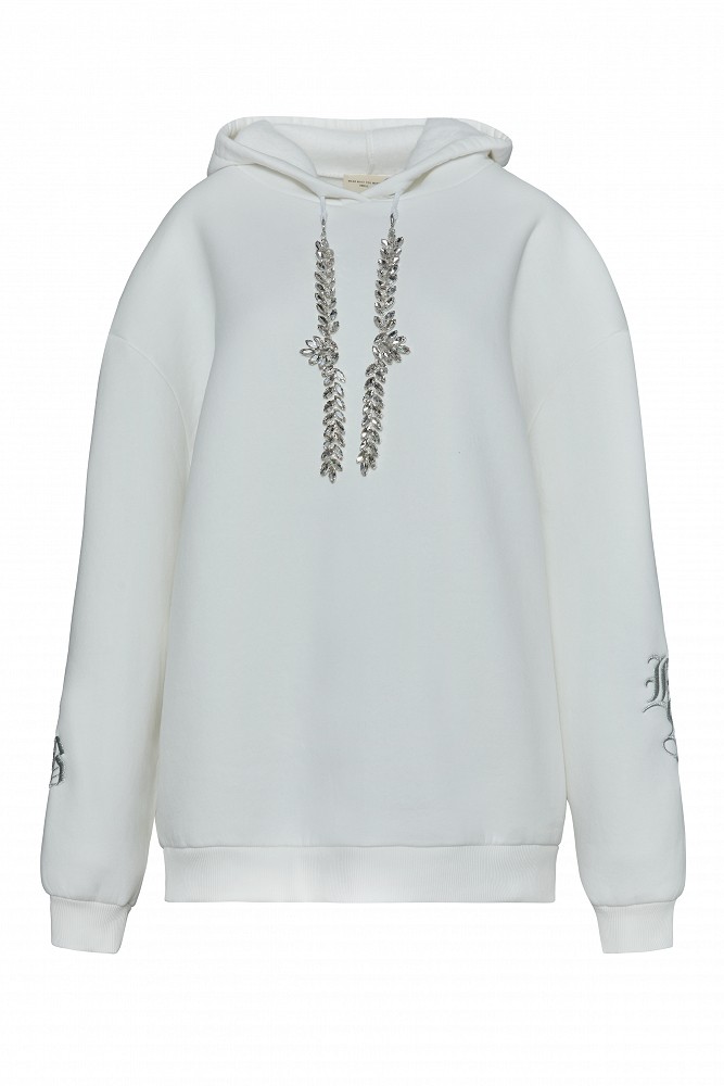 Hooded sweatshirt with rhinestone drawstrings