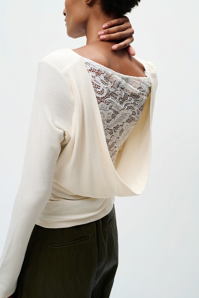 Bamboo fabric top with lace and a draped back