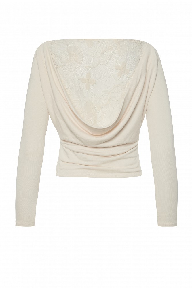 Bamboo fabric top with lace and a draped back