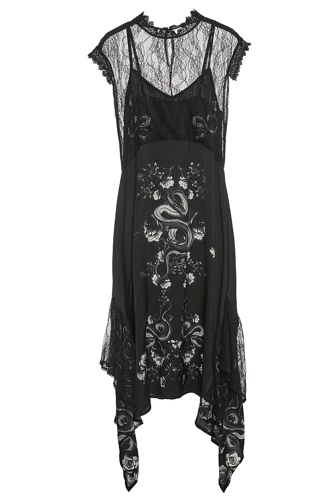 Asymmetrical midi printed dress with lace detailing