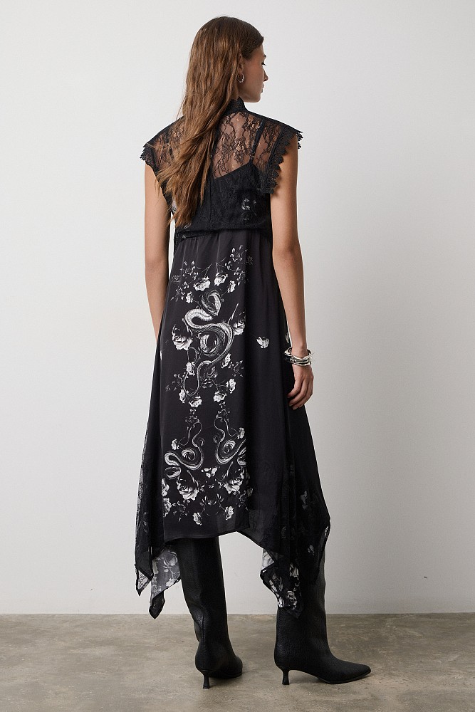Asymmetrical midi printed dress with lace detailing