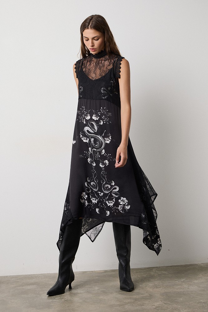 Asymmetrical midi printed dress with lace detailing