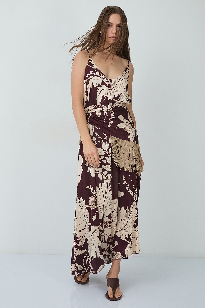 Maxi floral dress with a decorative scarf