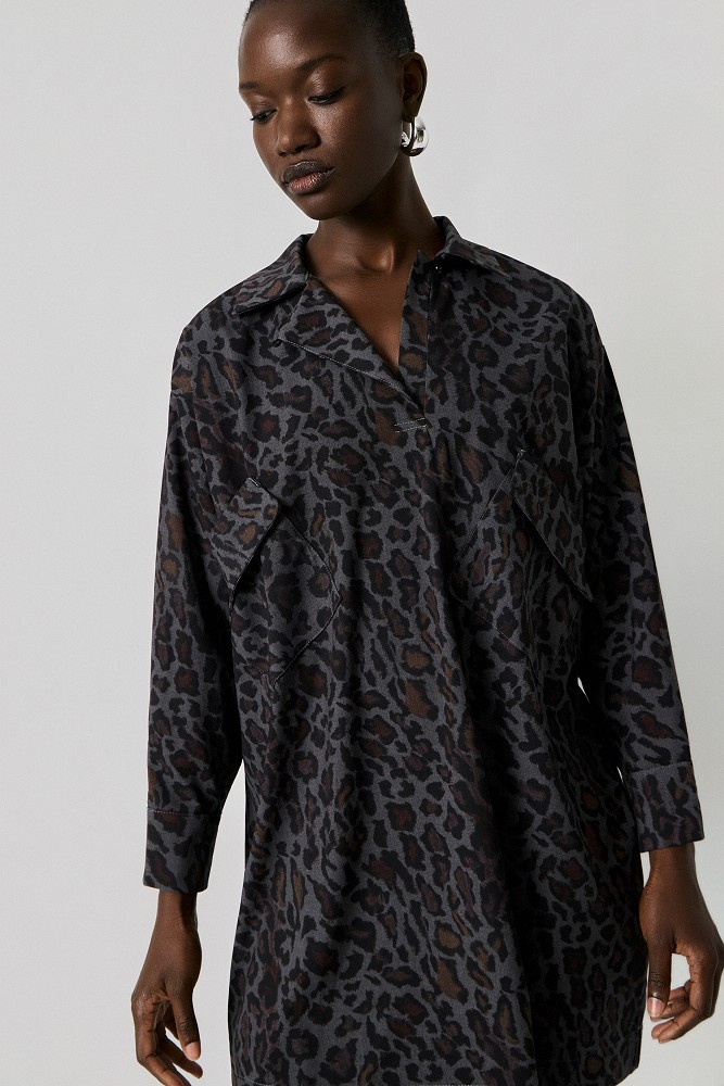 Rochie-cămașă scurtă cu print leopard