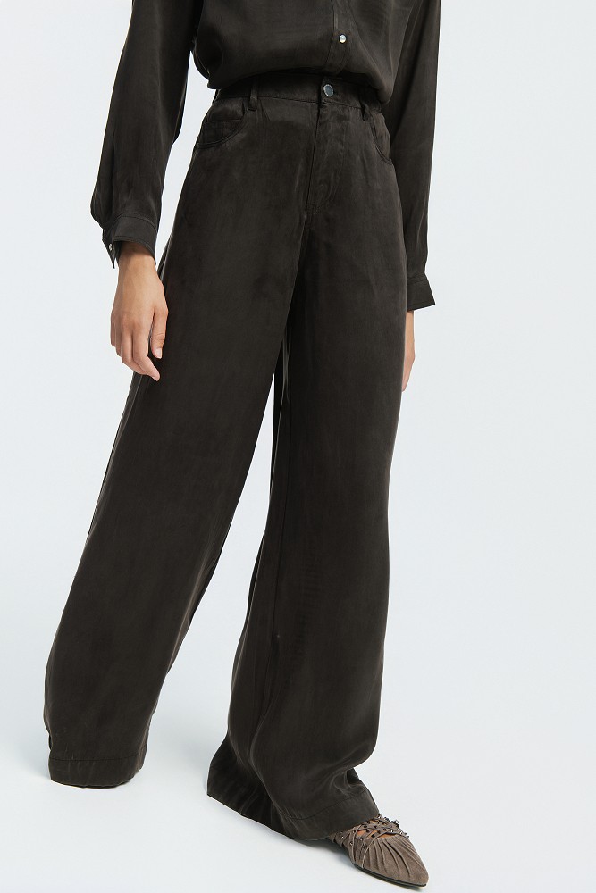 Pantaloni wide-leg cu aspect de piele întoarsă