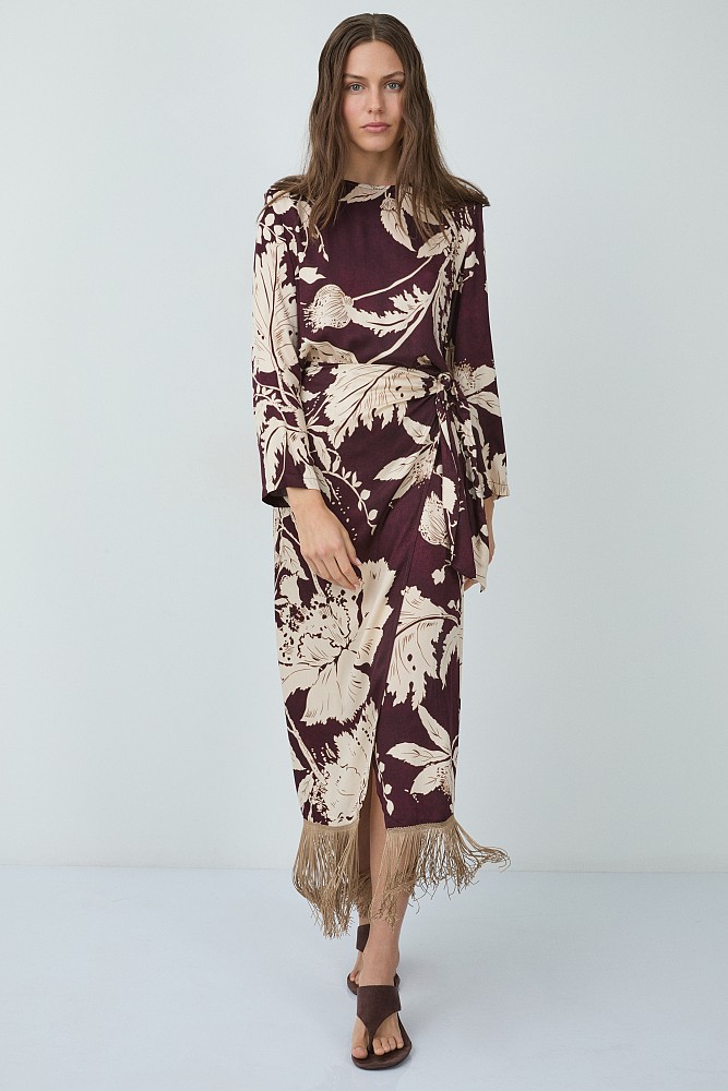 Maxi floral wrap skirt with fringed hem