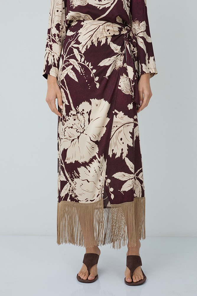 Maxi floral wrap skirt with fringed hem
