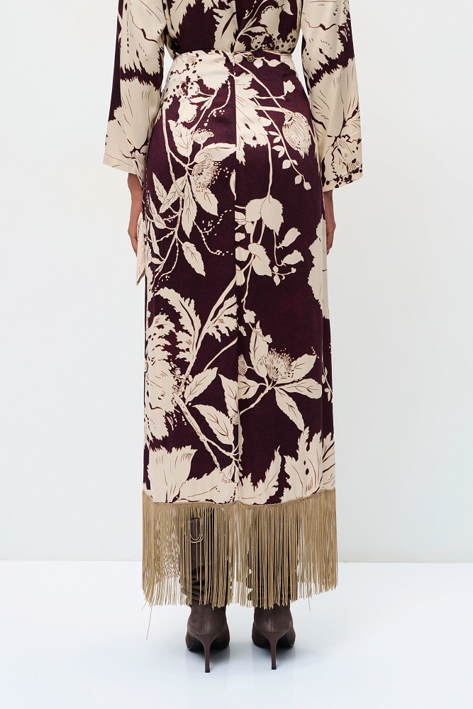 Maxi floral wrap skirt with fringed hem