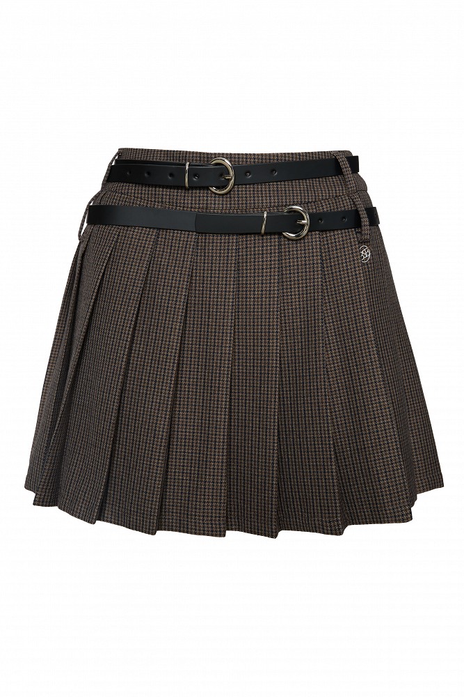 Mini pleated pied-de-poule skirt, back zip closure, regular fit