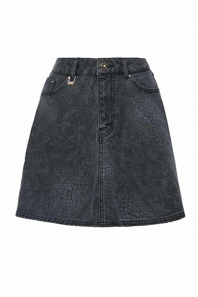 Mini denim croc-effect finish skirt
