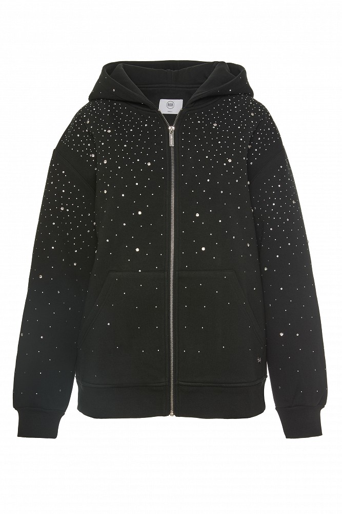 Hooded sweatshirt cardigan with rhinestone embellishments