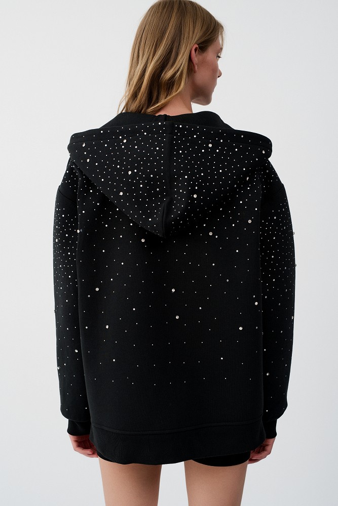 Hooded sweatshirt cardigan with rhinestone embellishments