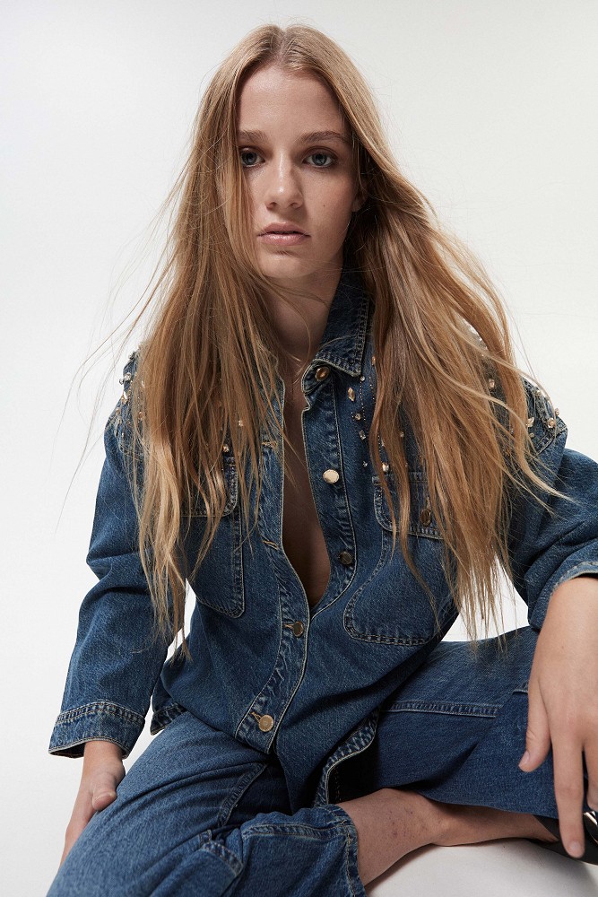 Denim overshirt με γυαλιστερές πέτρες