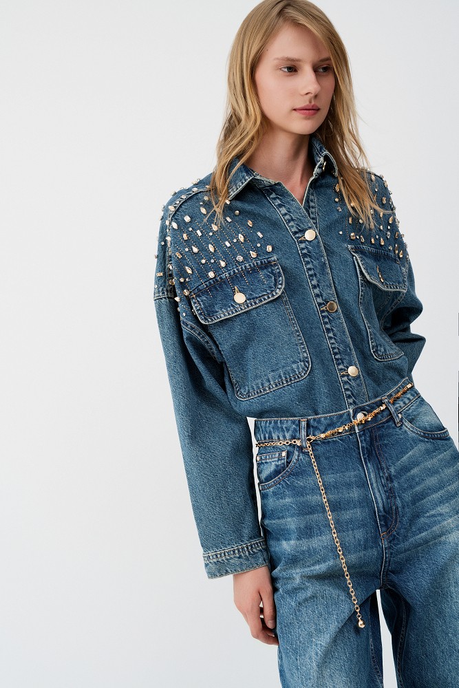 Denim overshirt με γυαλιστερές πέτρες