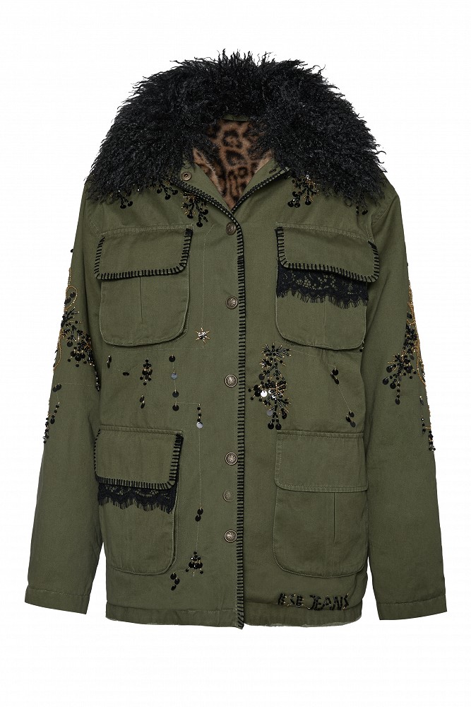 Embroidered jacket with fur detailing