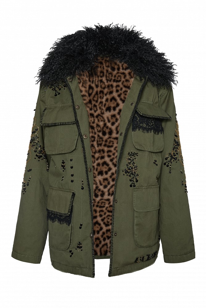Embroidered jacket with fur detailing