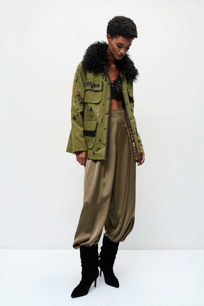 Embroidered jacket with fur detailing