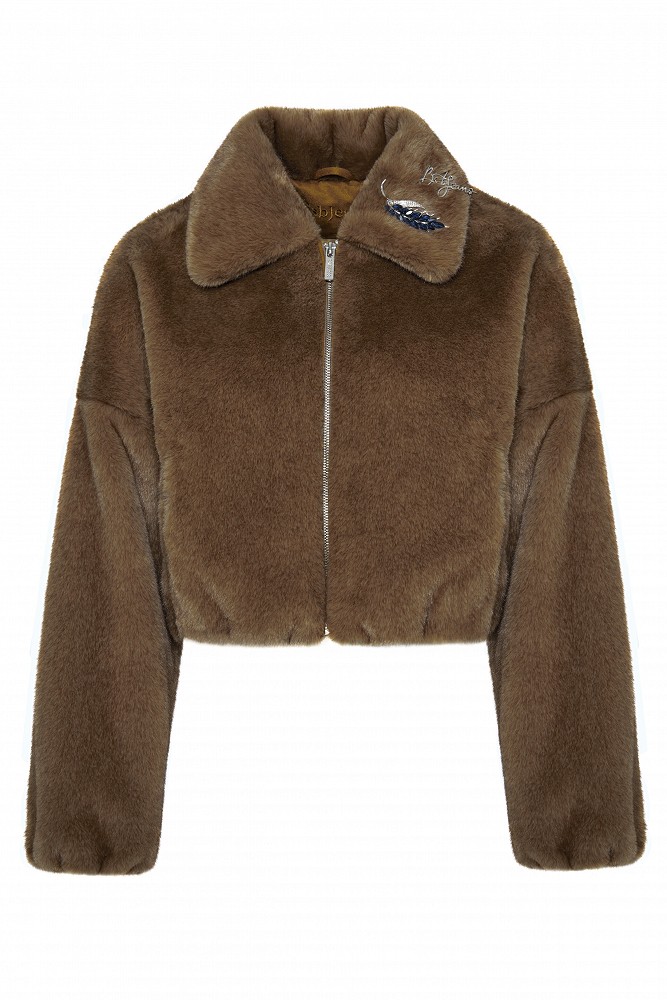 Cropped bomber jacket with decorative pins on the collar