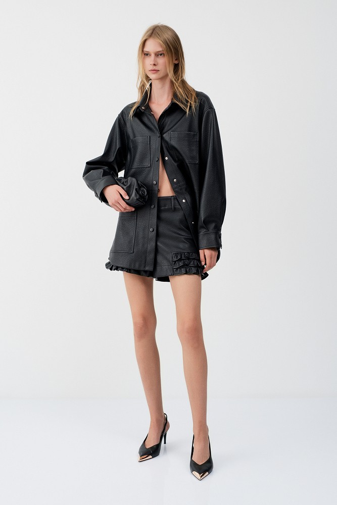 Leather-effect shorts with ruffle detailing