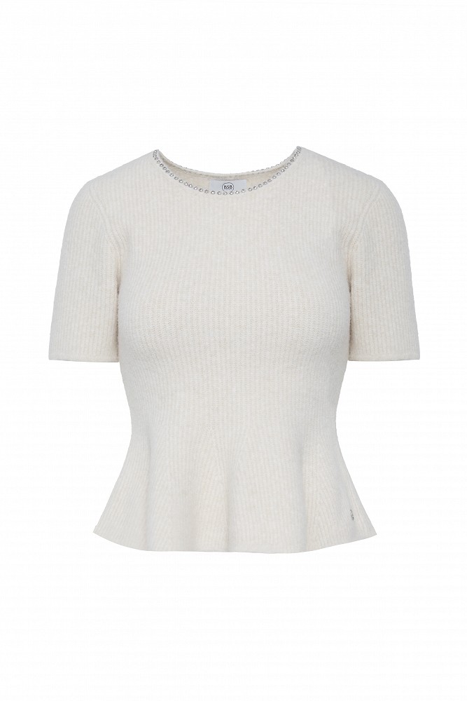 Pulover stil peplum cu decolteu cu pietricele