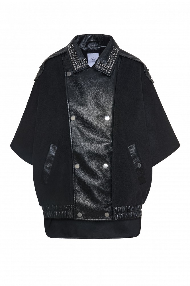 Cape with a combination of leather-look and wool fabric