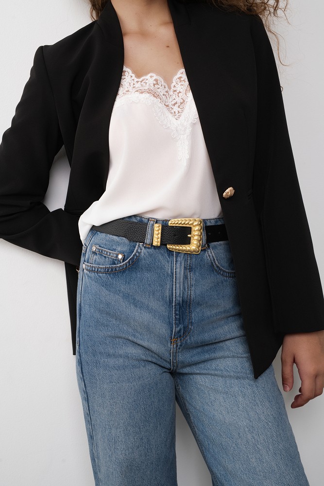 Leather belt with a gold-tone buckle