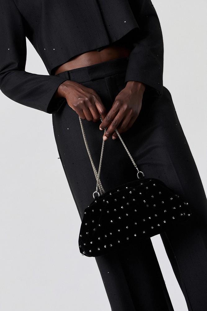 Velvet clutch bag with rhinestones