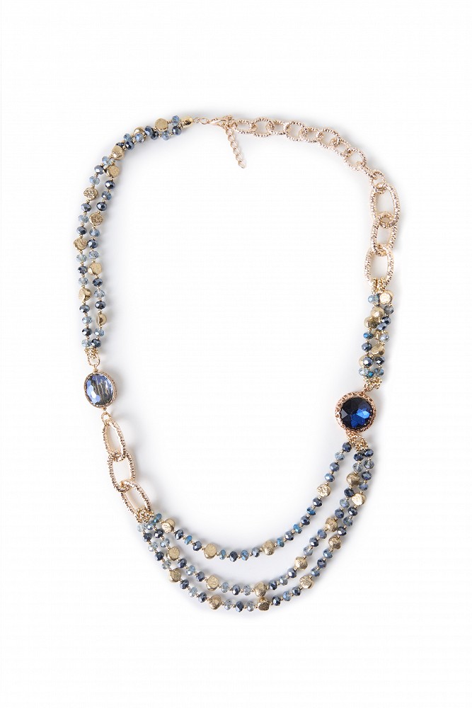 Long necklace with decorative blue stones