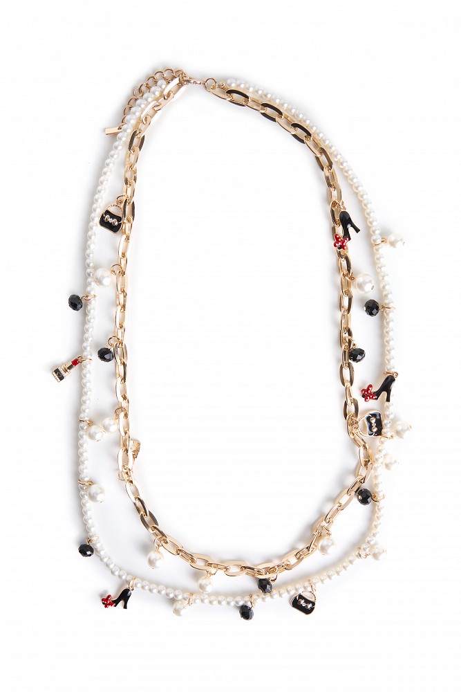 Double-layer necklace with chain and pearls