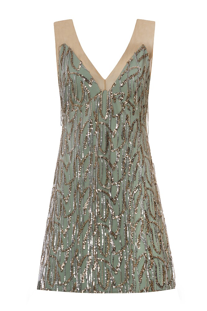 Vestido mini con lentejuelas y detalles transparentes – Gold Label